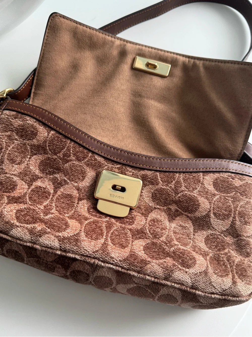 Coach Brown Signature Jacquard Shoulder Bag with Leather Trim